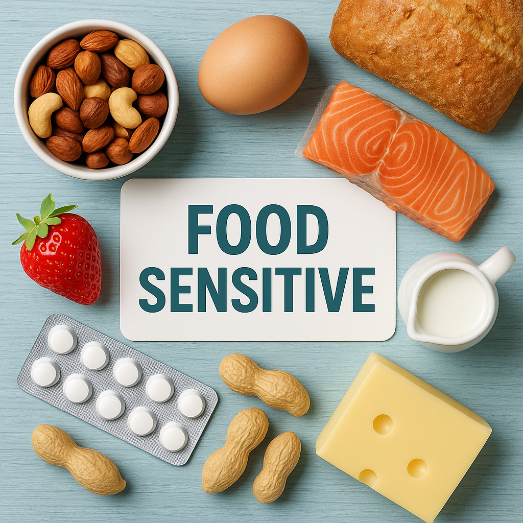 "Healthy food alternatives and triggers of common food sensitivities including dairy, gluten, soy, and eggs arranged on a wooden table